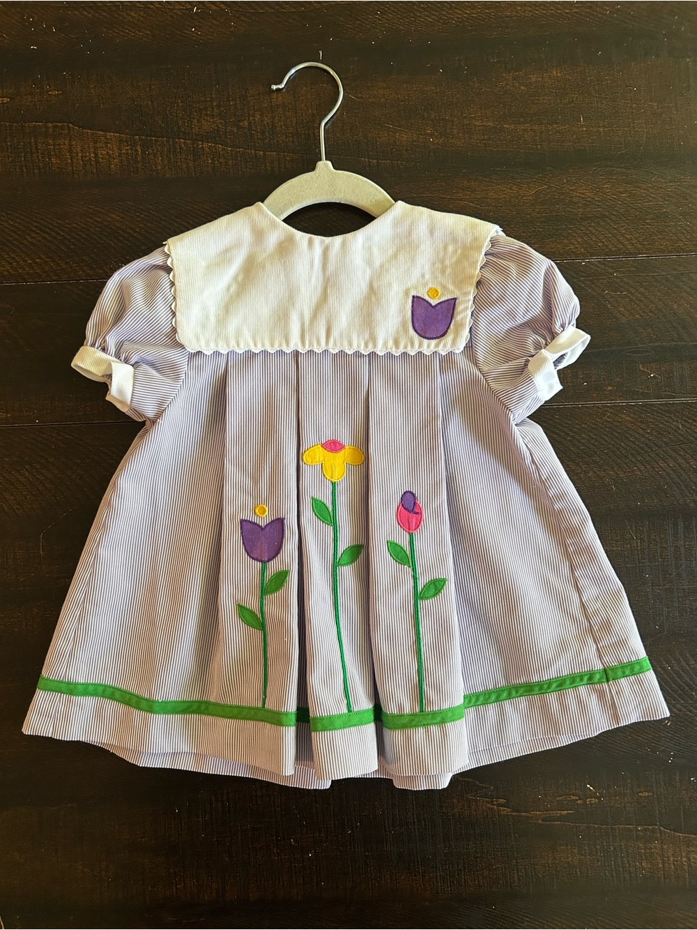 VTG Youngland Pastel Purple Striped Seersucker Tulip Applique Dress Bib Collar